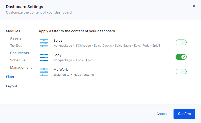 Dashboard Settings Filters